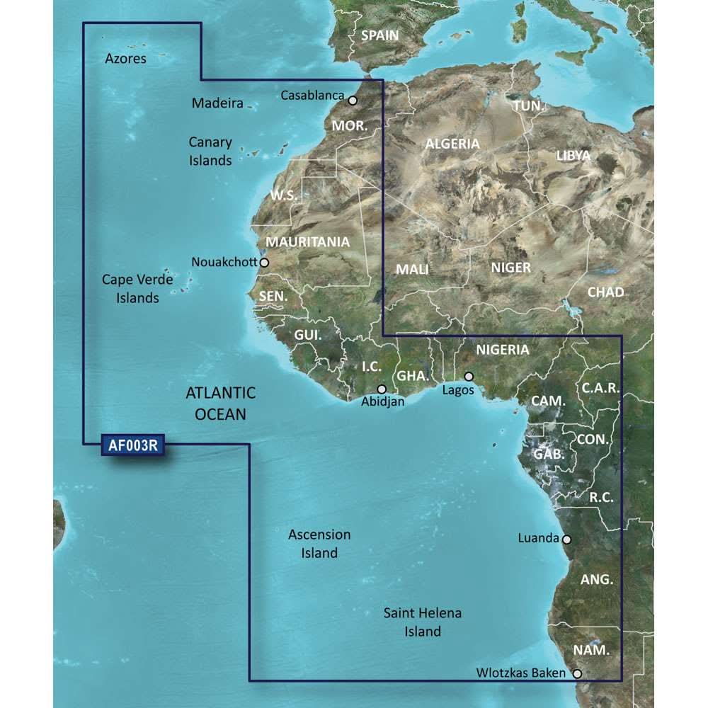 Garmin BlueChart g3 HD detailed marine chart coverage of Western Africa including ports and islands on microSD/SD card