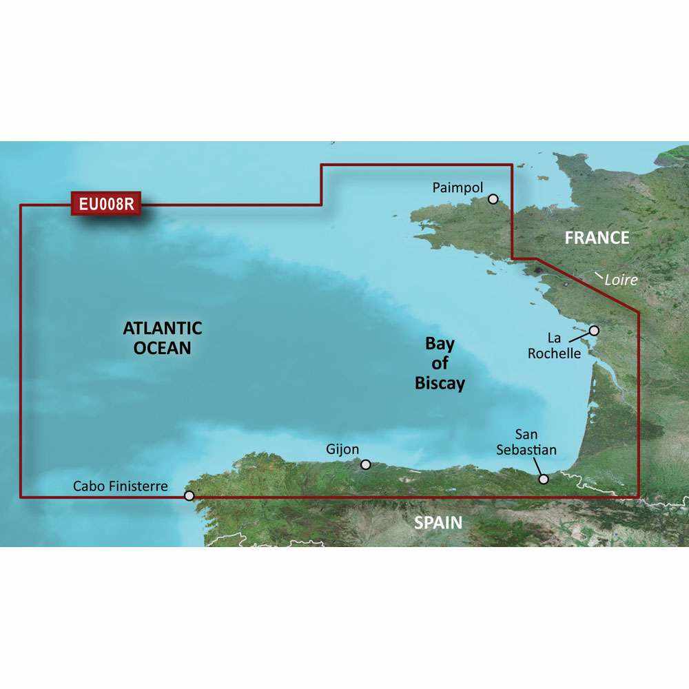 Garmin BlueChart g3 HD microSD card detailed coastal navigation chart for Bay of Biscay from Binic, France to Cabo Finisterre, Spain with depth shading and Auto Guidance technology