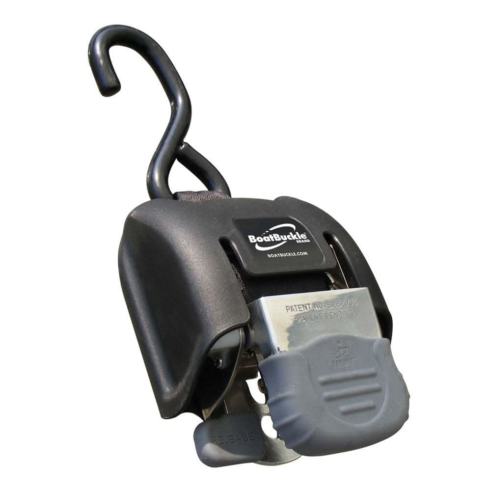 BoatBuckle G2 retractable transom tie-down in black with stainless steel components and hook