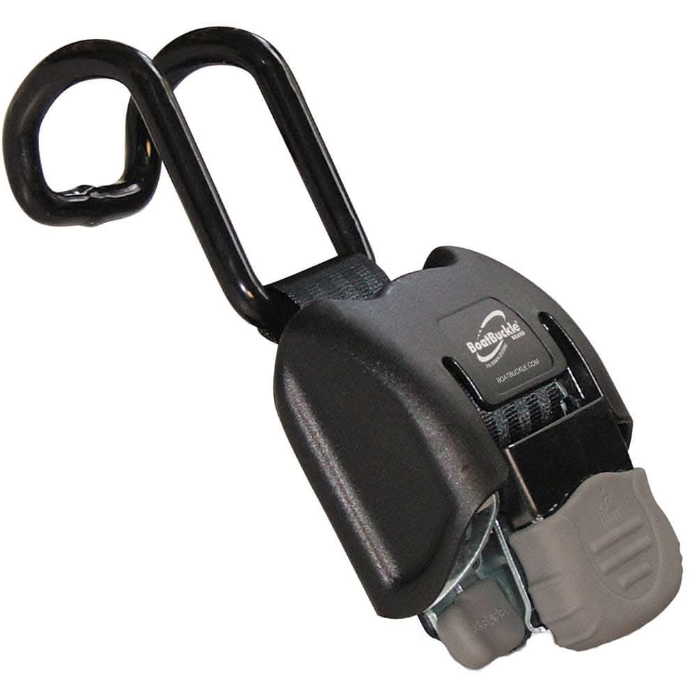 BoatBuckle G2 retractable gunwale tie-down with vinyl-coated double J-hook, 2"-38" length, black and gray pair