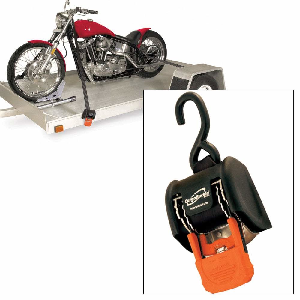 CargoBuckle G3 retractable ratchet tie-down securing motorcycle on trailer with close-up of hook mechanism