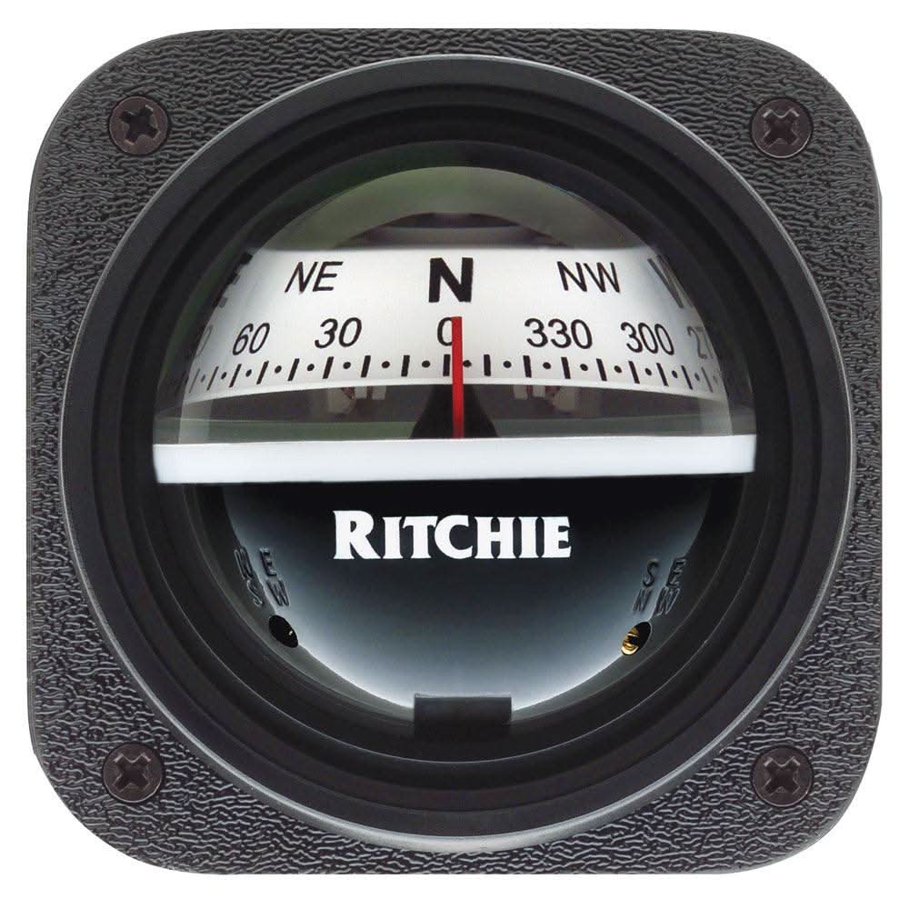 Ritchie V-527 kayak compass with white dial and bulkhead mount designed for easy reading and adjustable up to 45 degrees.