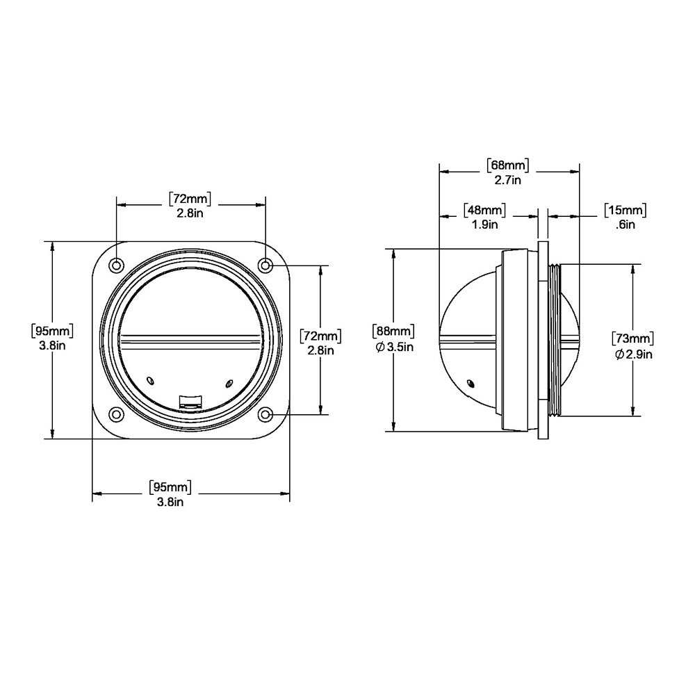 Technical diagram of Ritchie V-527 Kayak Compass with bulkhead mount and white dial showing dimensions in inches and millimeters.