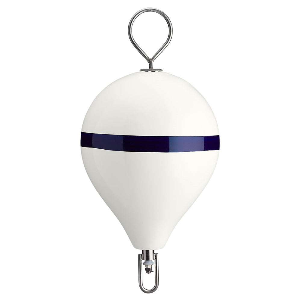 Polyform Mooring Buoy 17-inch white buoy with blue stripe and stainless steel mooring iron