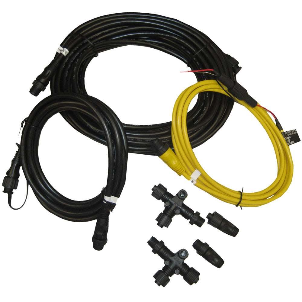 Garmin NMEA 2000 starter kit with drop cable, backbone cable, power cable, T-connectors, and terminators