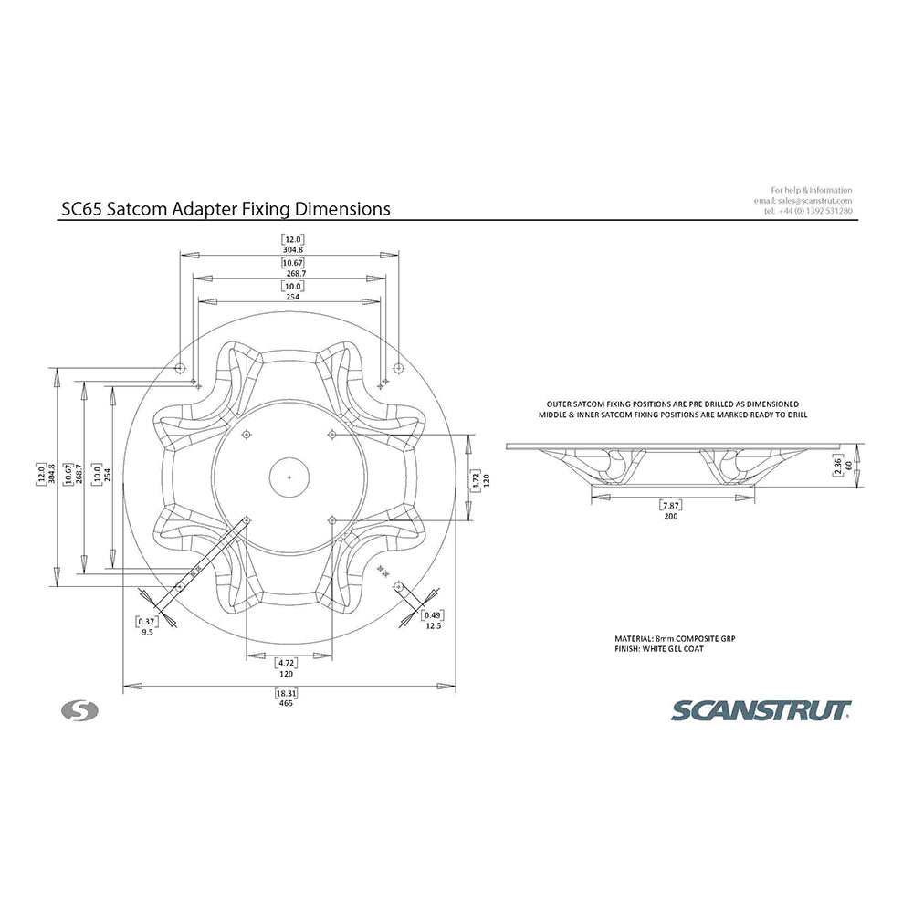 Scanstrut SC65 Satcom Mount technical drawing with dimensions and composite GRP material details