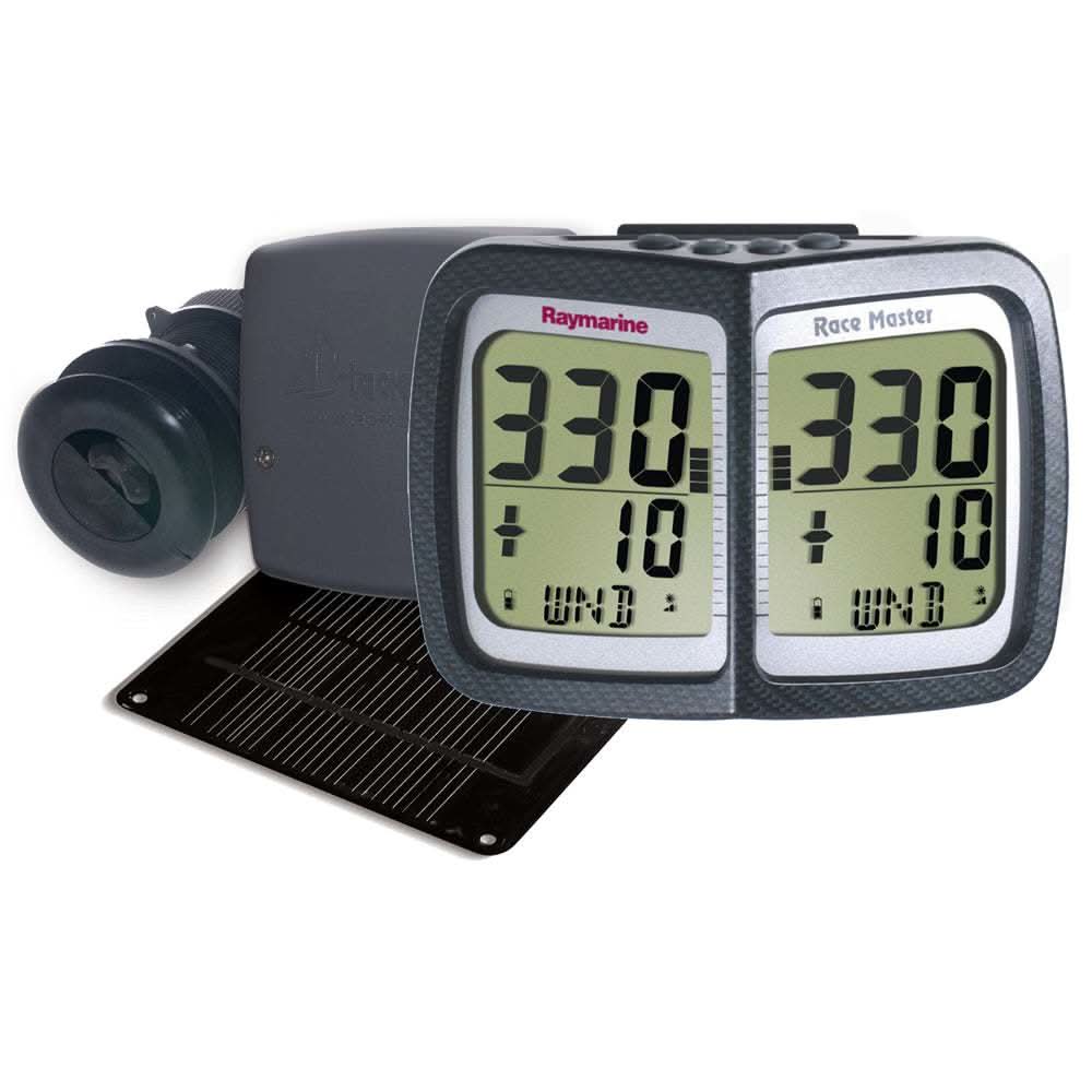 Raymarine Wireless Micronet Race Master System with dual digital displays, solar panel, and hull transmitter for boat speed and depth data.