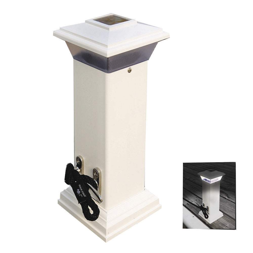 Dock Edge Cleatlite solar dock light with stainless steel mooring cleat on a 12-inch vinyl pillar