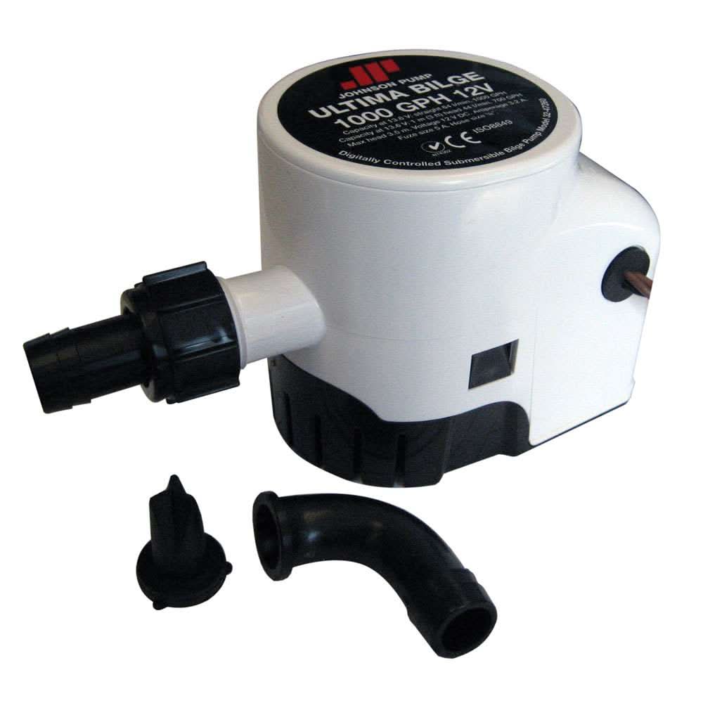 Johnson Pump Ultima Bilge 1000 GPH 12V compact bilge pump with 3/4 inch hose and Dura-Port fittings