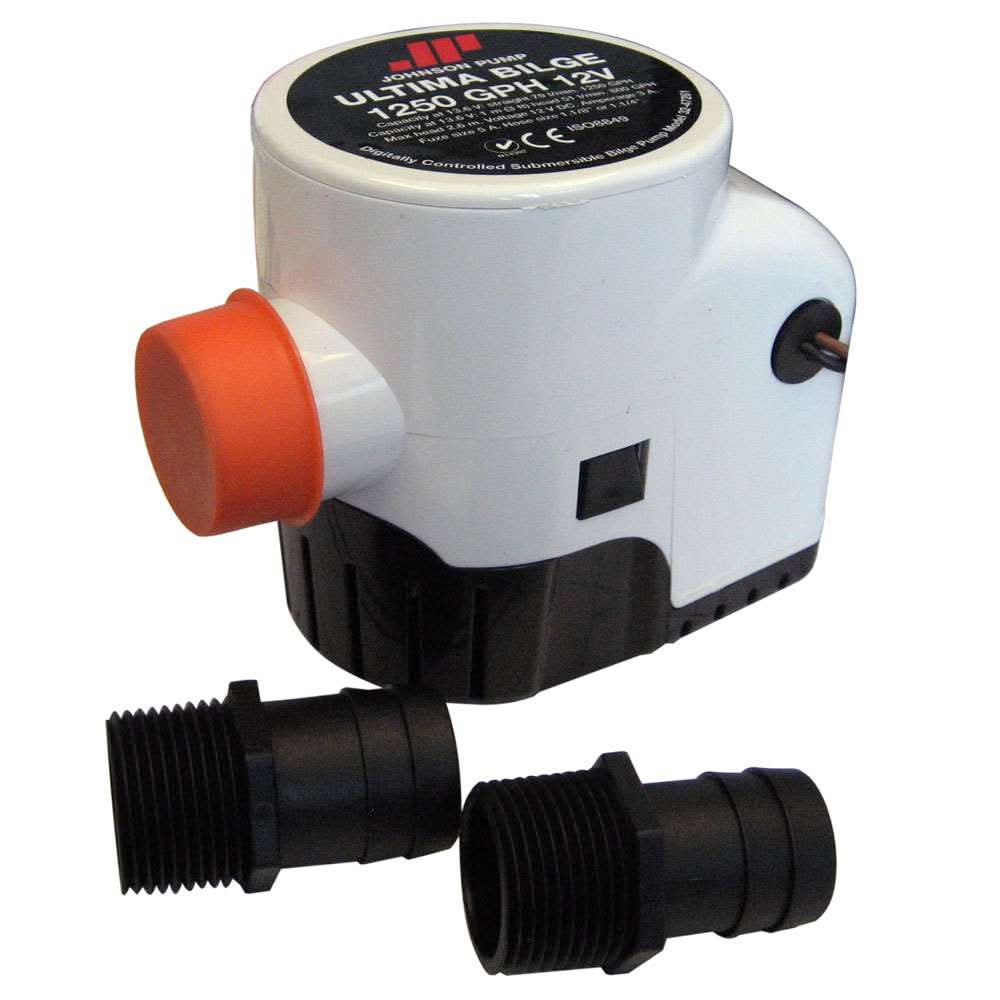 Johnson Pump Ultima Bilge 1250 GPH bilge pump with 1-1/8" and 1-1/4" hose fittings and integrated switch.