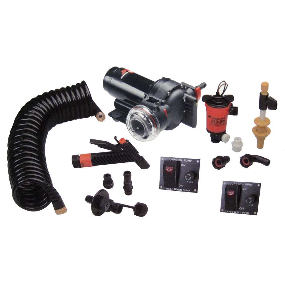 Johnson Pump Aqua Jet 5.2 GPH wash down and 550 GPH live well pump kit with hose, spray nozzle, valves, and switches