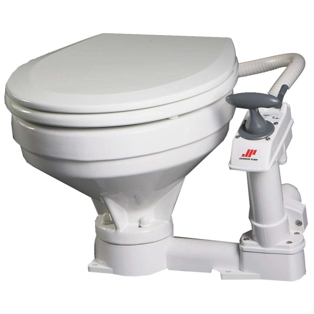 Johnson Pump Comfort Manual Toilet white marine toilet with ergonomic hand pump and corrosion-resistant parts