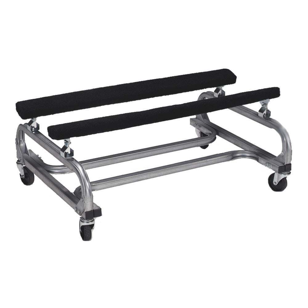 C.E. Smith PWC Dolly with galvanized frame, adjustable carpeted bunks, and four casters for easy PWC storage and maintenance