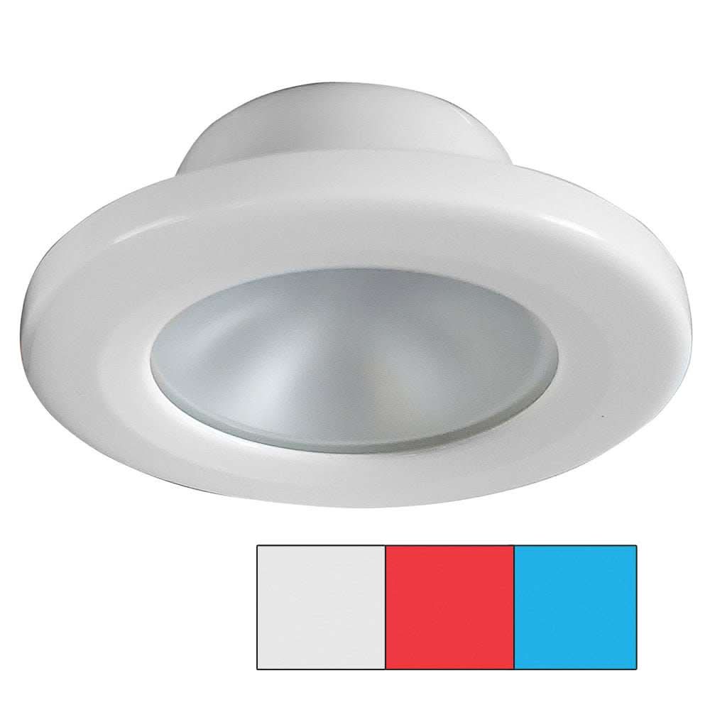 i2Systems Apeiron A3120 screw mount light with red, cool white, and blue LED colors, white brushed nickel finish, marine grade, round design