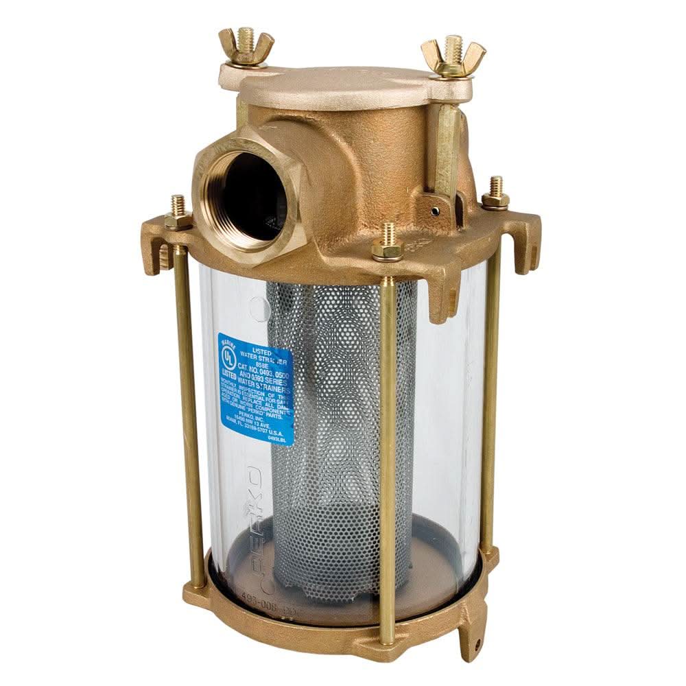 Perko 1-1/2" IPS bronze marine intake strainer with clear housing and corrosion-resistant design