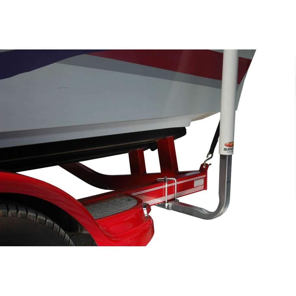 C.E. Smith 40" white PVC post guide-on mounted on red trailer frame for trailer positioning.