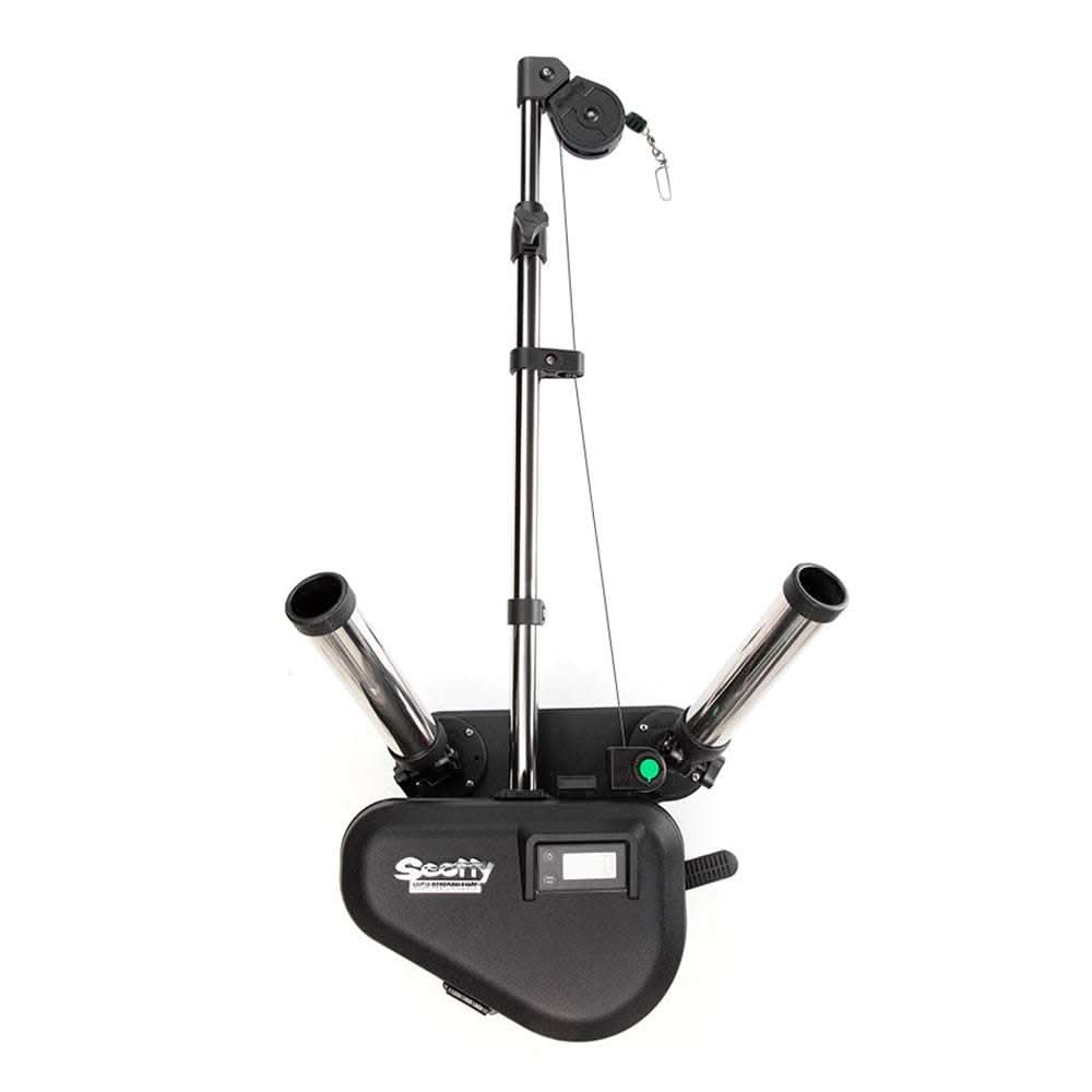 Scotty 2116 HP electric downrigger with 60" stainless steel telescoping boom, dual rod holders, digital line counter, and swivel base for trolling fishing.