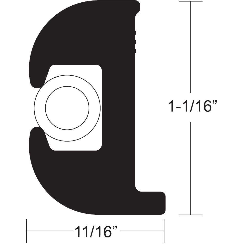 TACO Flex Vinyl Rub Rail Kit profile diagram with dimensions 1-1/16" x 11/16" in black and white insert