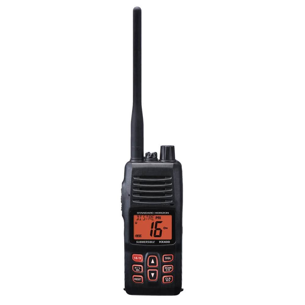 Standard Horizon HX400 handheld VHF radio with built-in scrambler, waterproof design, and programmable LMR channels