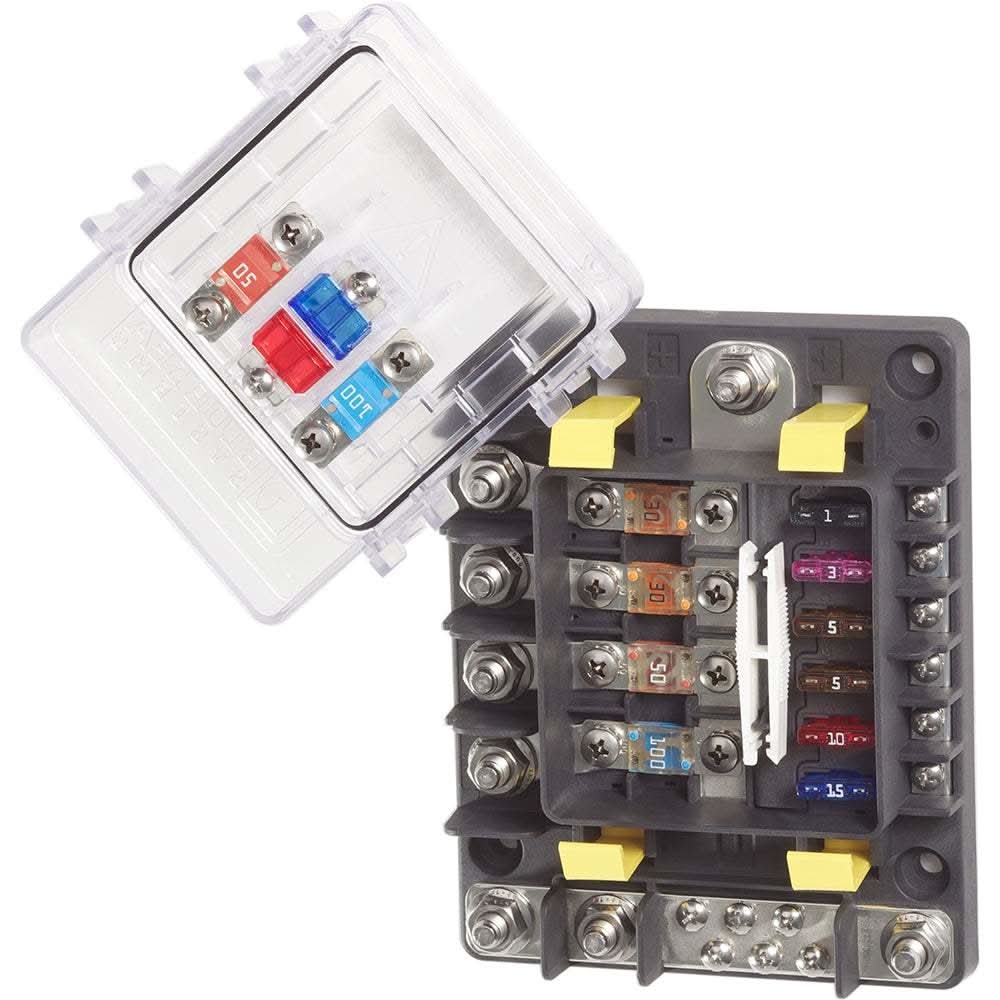 Blue Sea 7748 SafetyHub 150 ignition protected fuse box with sealed cover and multiple fuse slots for marine use