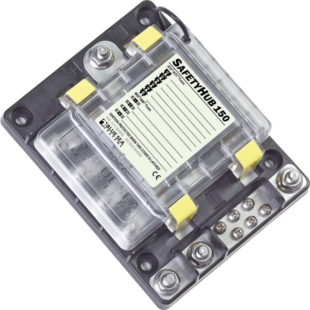 Blue Sea 7748 SafetyHub 150 fuse box with clear protective cover and multiple fuse slots for marine power distribution