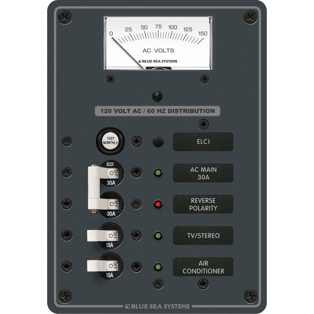 Blue Sea 8102 ELCI GFCI Panel with 2 positions, AC 30A main breaker, voltmeter, and LED indicators