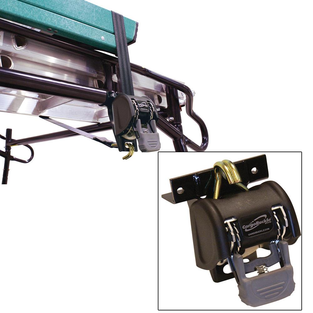 CargoBuckle Ladder Rack System with 1.25 inch square 7-foot straps and double J-hook tie-downs mounted on truck rack