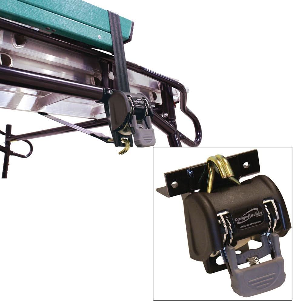 CargoBuckle Ladder Rack System with 1.25 inch square 7-foot straps and double J-hook tie-downs mounted on truck rack