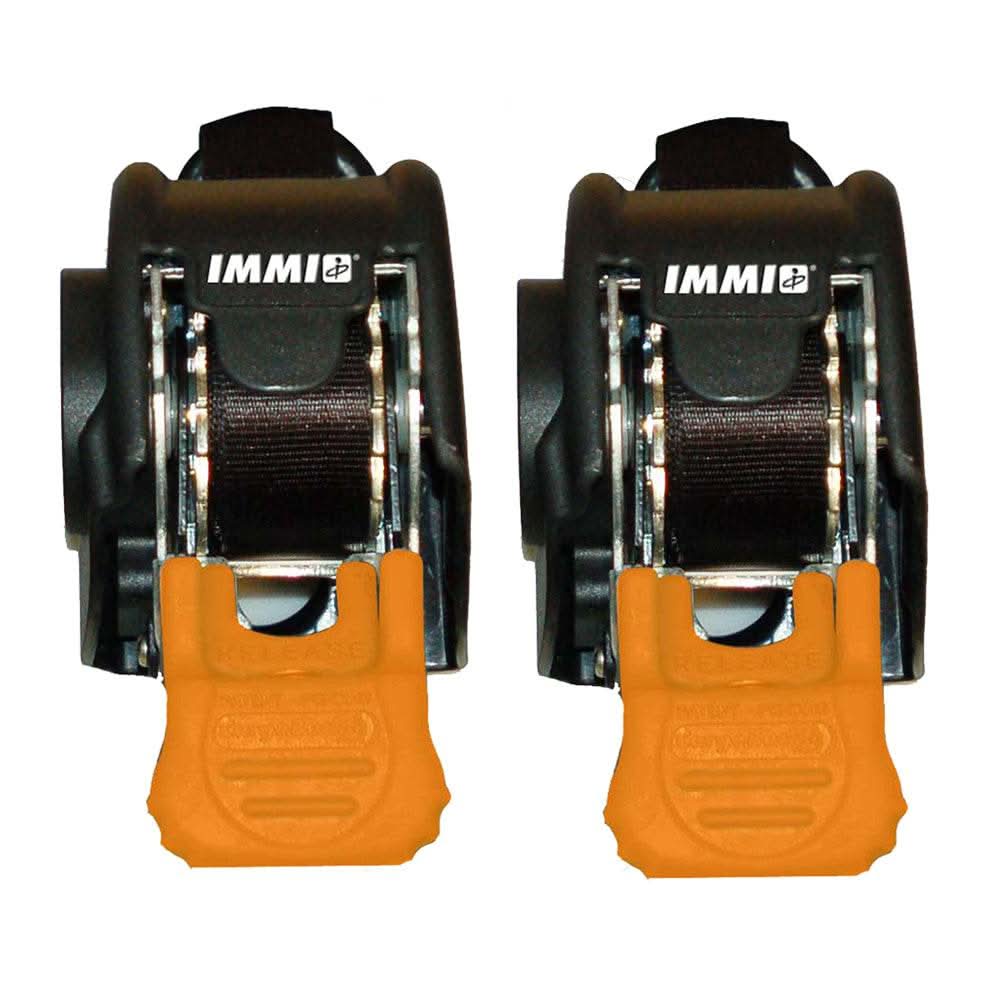 Pair of CargoBuckle Mini G3 retractable ratchet tie-downs with orange handles and black webbing