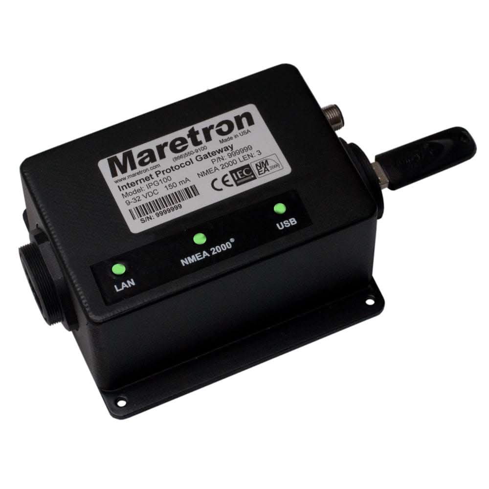 Maretron IPG100 Internet Protocol Gateway black box with LAN, NMEA 2000, and USB ports for vessel monitoring and control