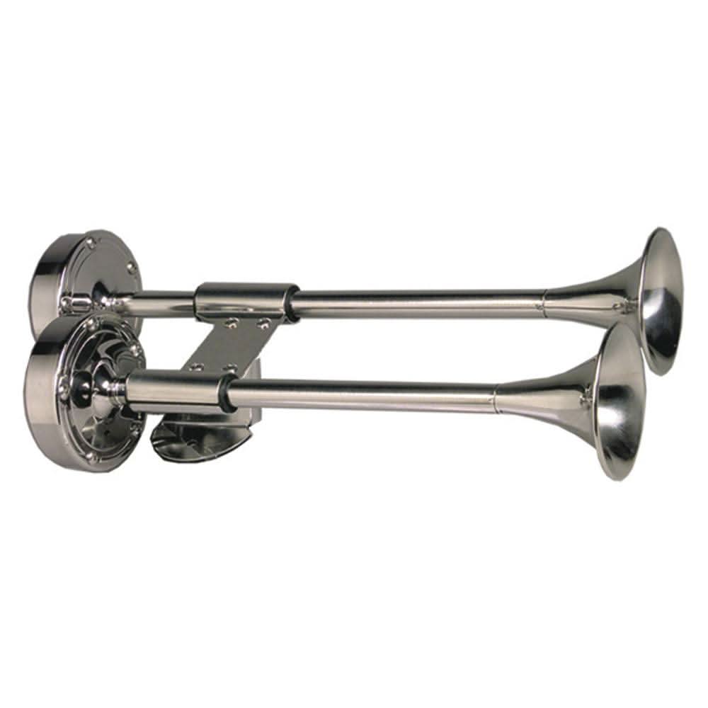 Schmitt Marine all-stainless dual trumpet 12V marine horn with 5-year rust-free guarantee