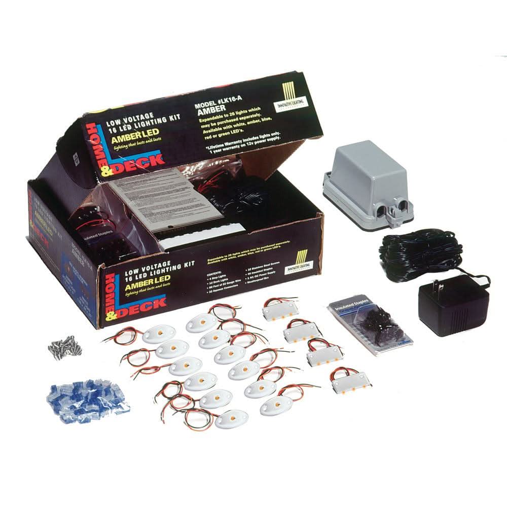 Innovative Lighting Deck & Dock LED Kit with amber LED lights, transformer, junction box, step and accent lights, screws, and connectors.