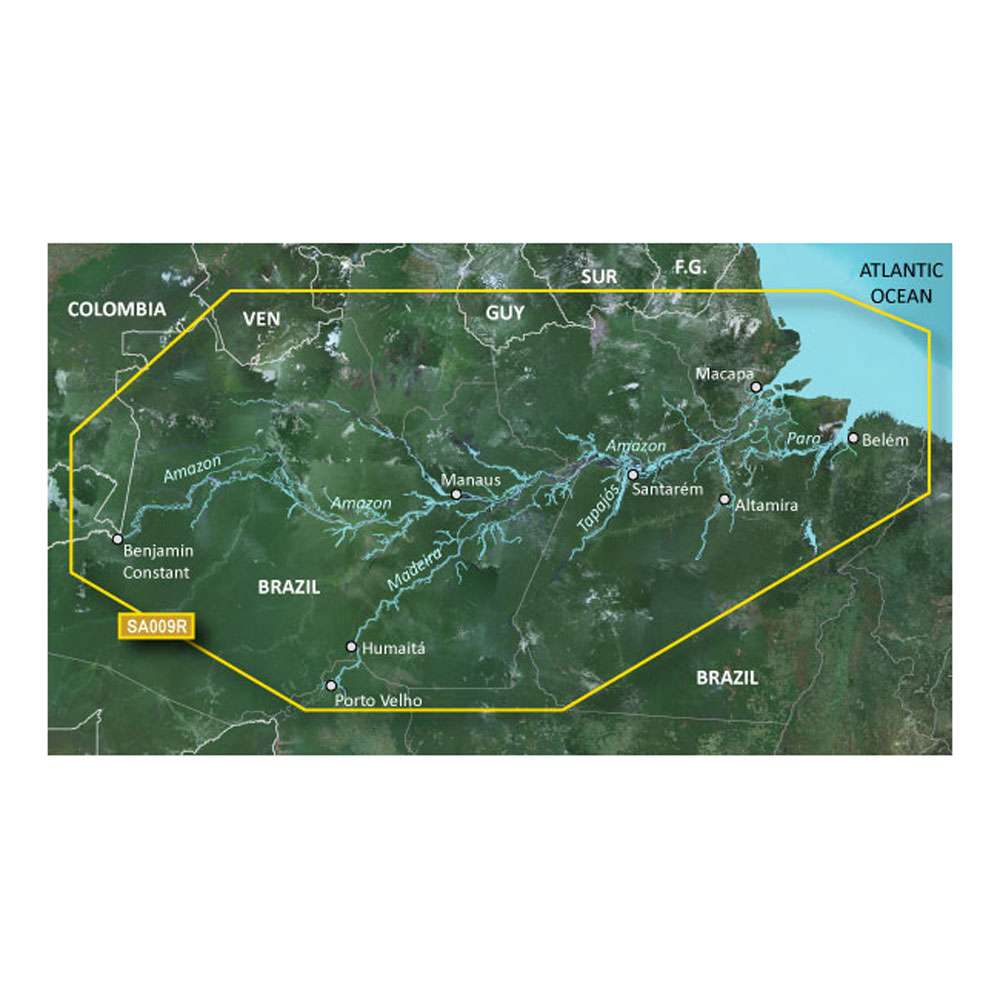 Garmin HXSA009R G2 Bluechart detailed Amazon River marine navigation map covering Brazil waterways and Atlantic Ocean coastline