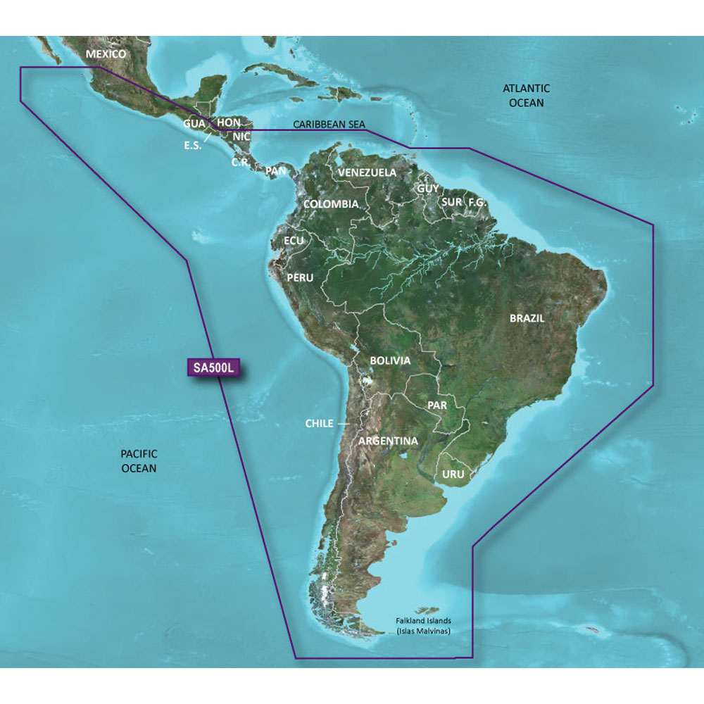 Garmin G2 Bluechart marine map coverage of South America with detailed navigation features and fishing charts