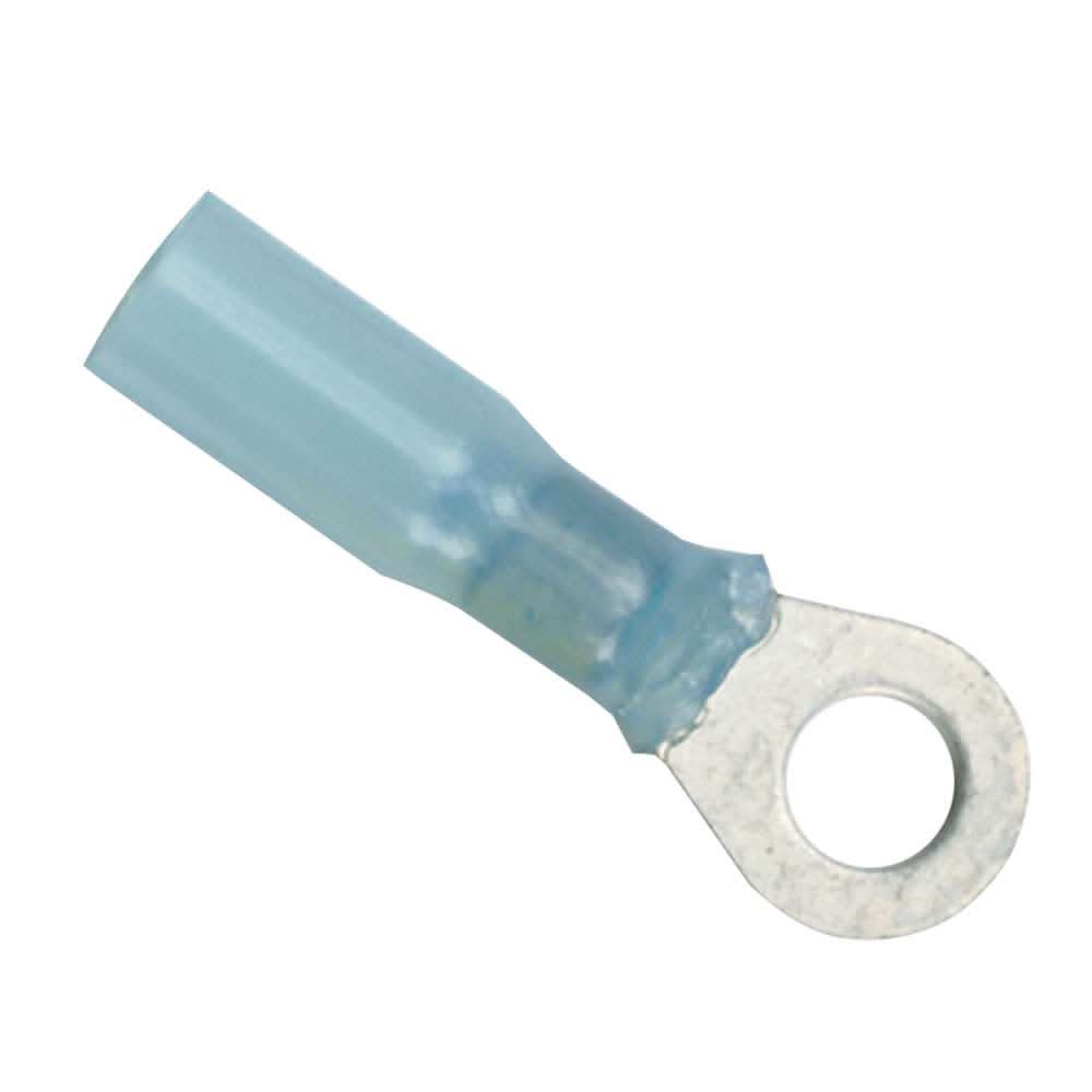 Ancor 16-14 Gauge #8 heat shrink ring terminal with blue nylon insulator and corrosion-resistant tinned copper ring