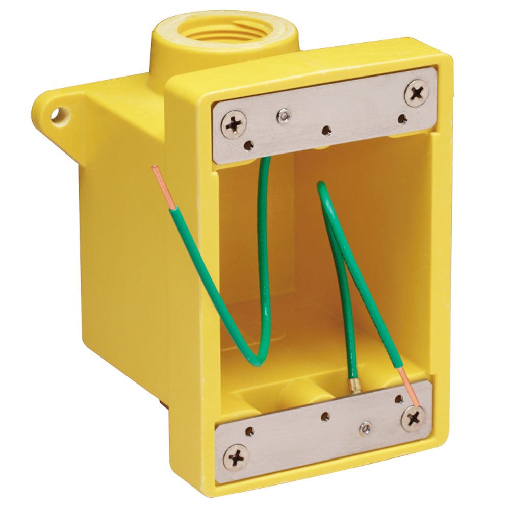 Marinco 6083CR yellow fiberglass FD box with 3/4 inch K.O. holes and grounding wires