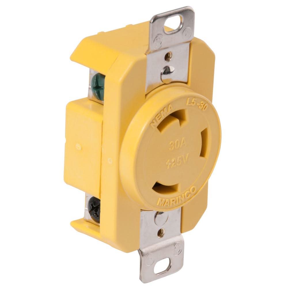 Yellow Marinco 305CRR 30A 125V locking receptacle with corrosion-resistant nylon housing