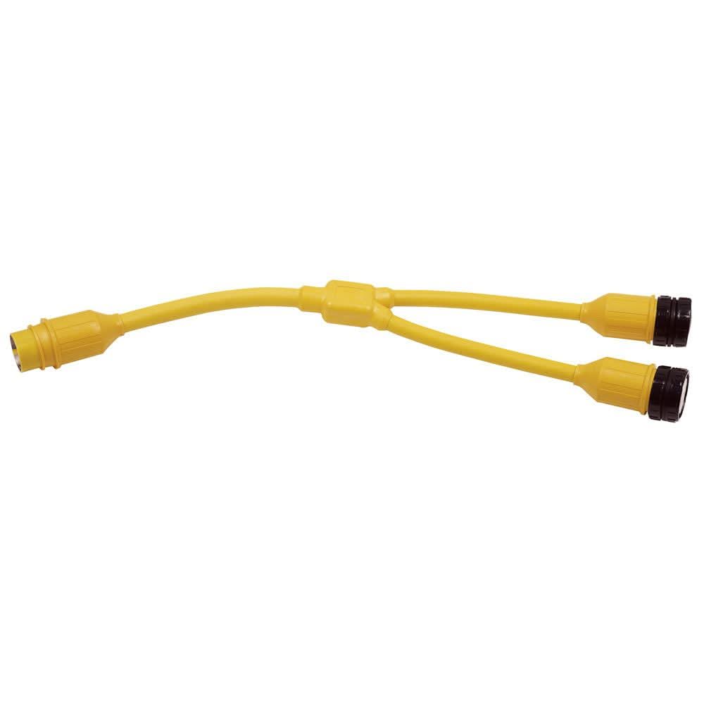 Marinco Y-Adapter yellow 2-30A 125V to 50A 125/250V locking electrical connector with sealing collars for wet locations