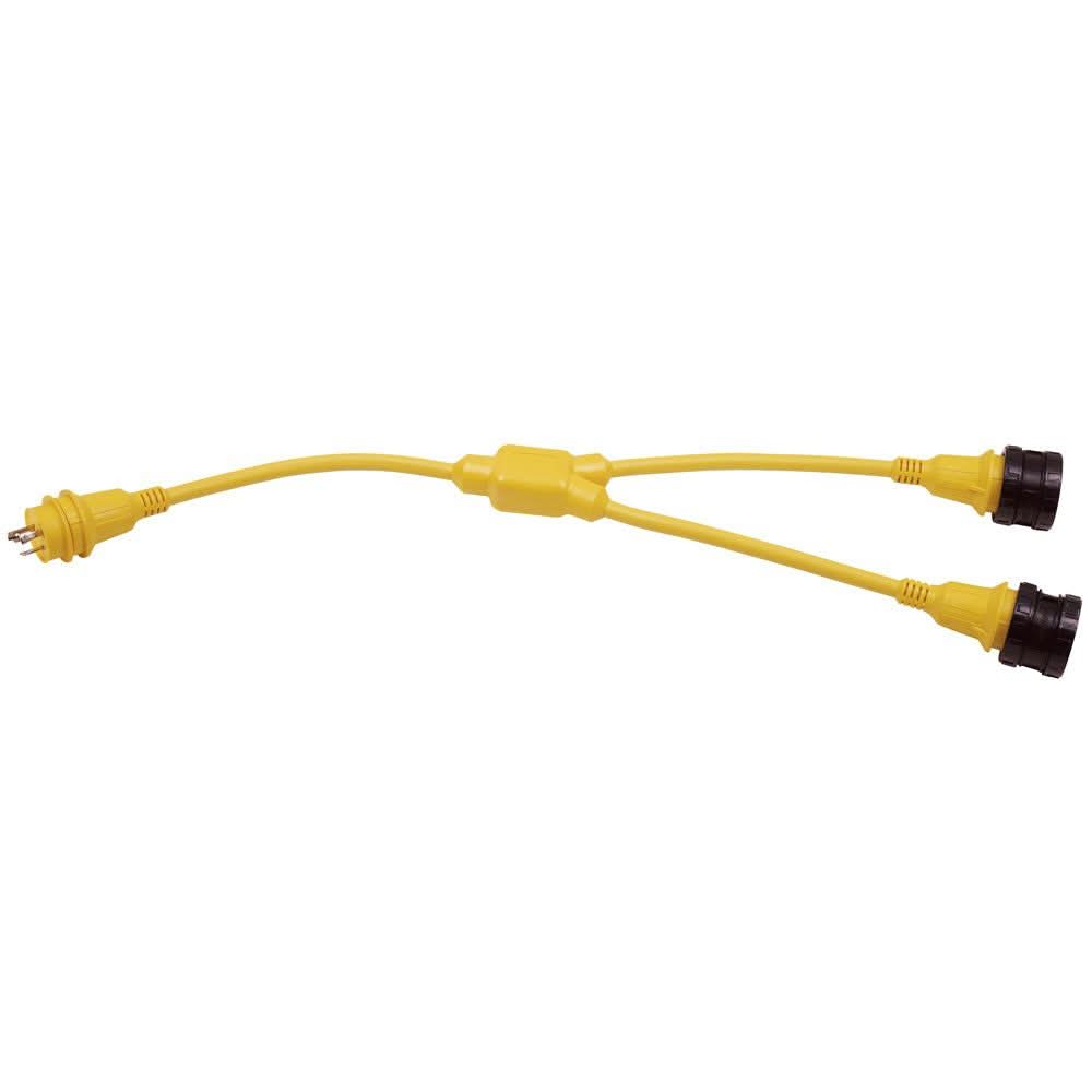 Marinco Y-Adapter dual 30A locking connectors yellow cable with sealing collars for wet locations