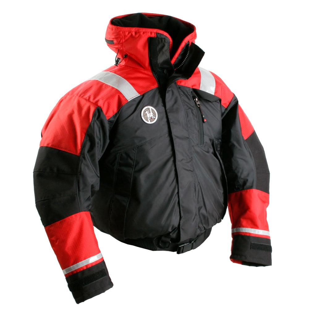 First Watch AB-1100 flotation bomber jacket in red and black, USCG Type III PFD, XL size, high visibility safety coat