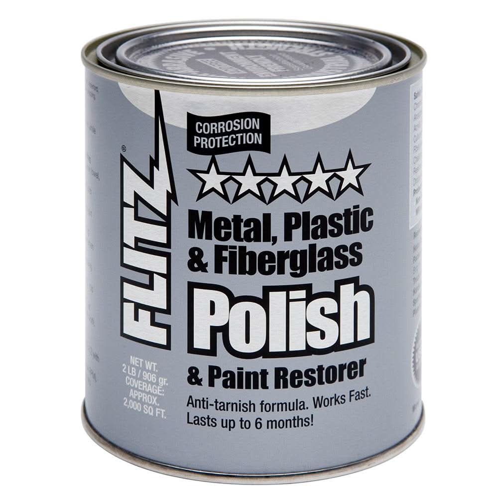 Flitz Polish paste 2 lb quart can for metal, plastic, fiberglass cleaning and paint restoration with corrosion protection.