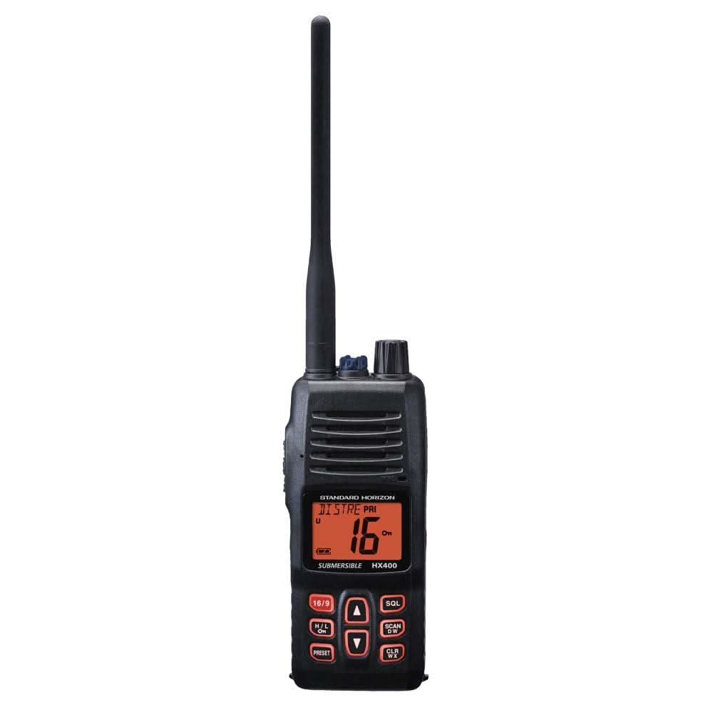 Standard Horizon HX400IS handheld VHF radio with antenna, submersible and intrinsically safe design, featuring programmable channels and LED distress strobe.