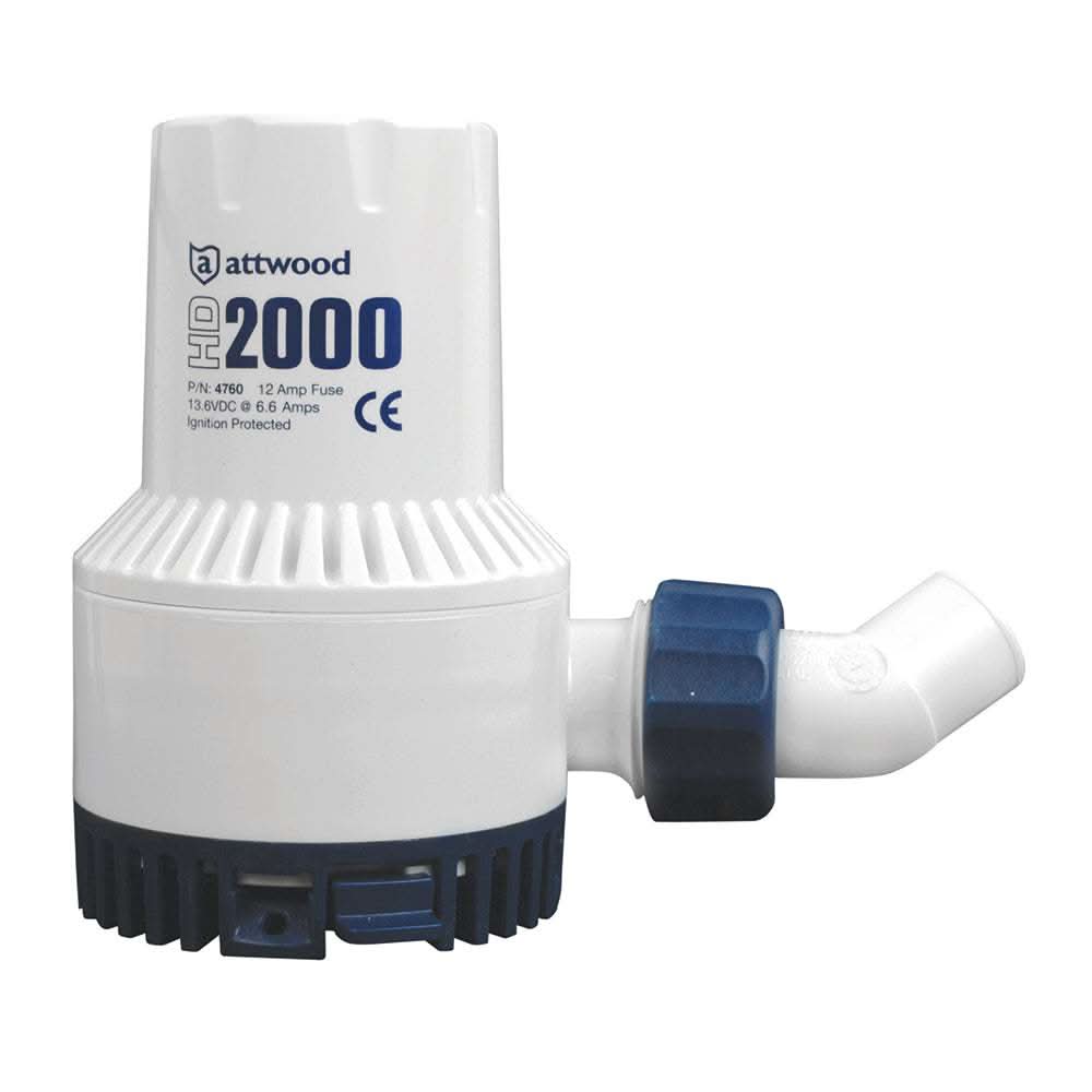 Attwood 12V Heavy-Duty Bilge Pump 2000 Series 2000 GPH with durable construction and 3-year warranty