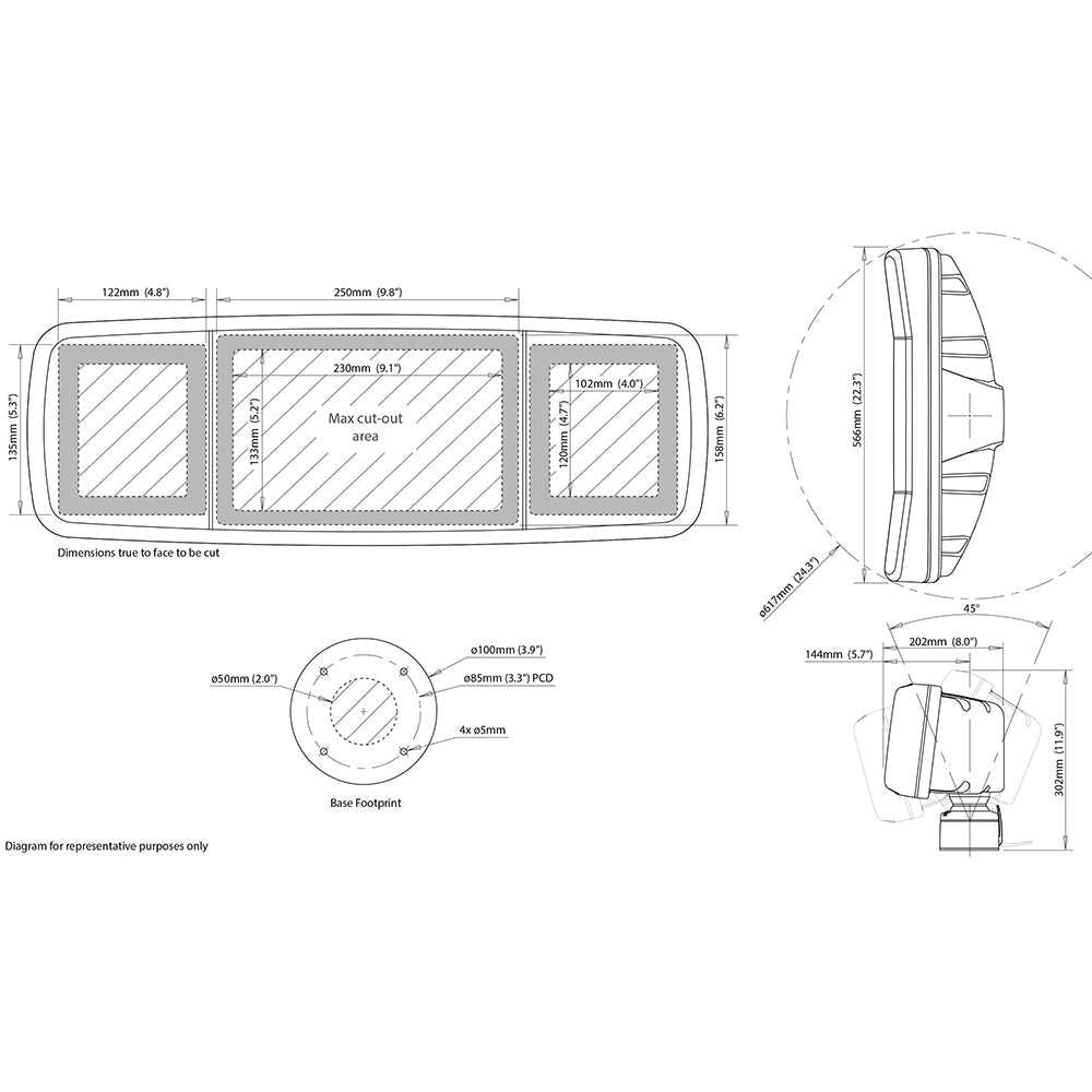Scanpod Deck Pod pre-cut diagram for 7 or 8 inch display with 2 or 4 instruments dimensions and mounting details