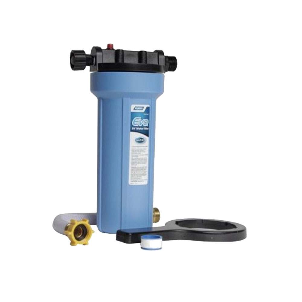 Camco Evo Premium Water Filter with 12-inch hose and replaceable cartridge for clean tasting water