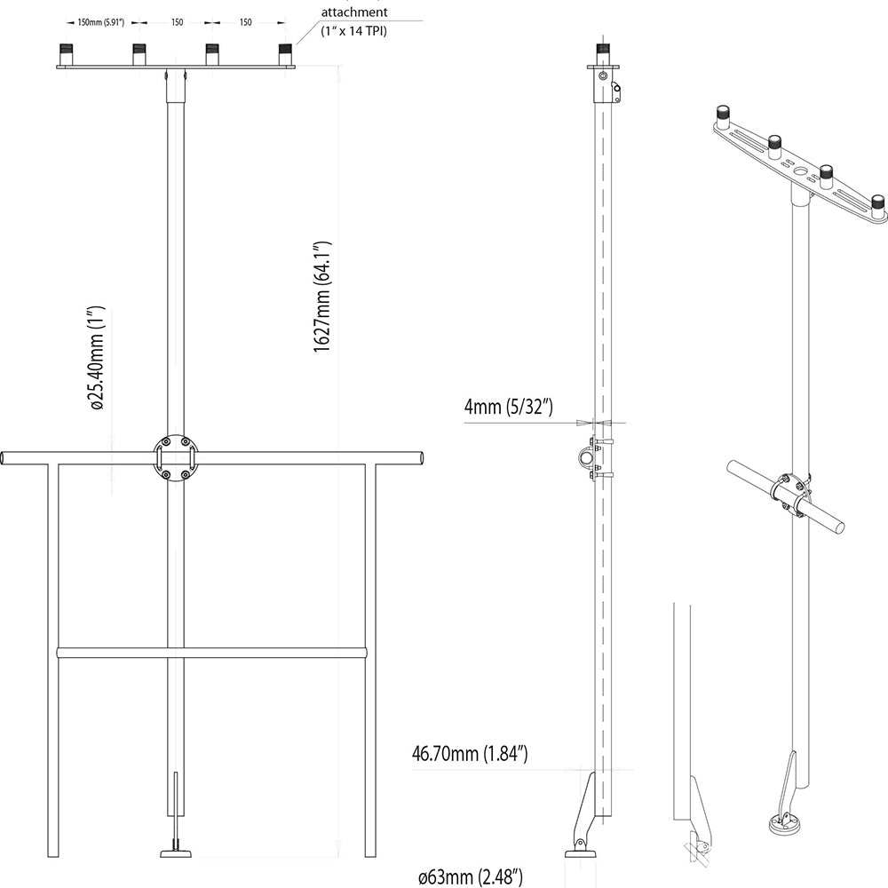 Scanstrut T-Pole stainless steel mount for up to 4 GPS or VHF antennas with adjustable height and internal cable routing diagram