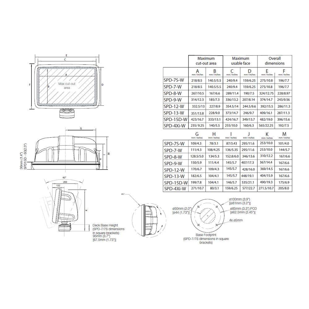 Technical drawing and dimensions of Scanpod Slim Deck Pod for up to 7-inch displays, white model SPD-7-W