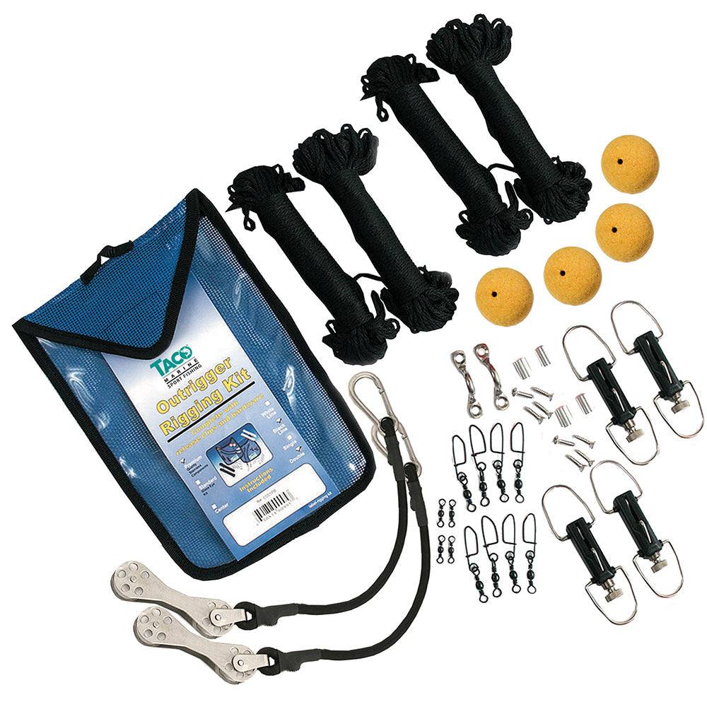 TACO Premium Double Rigging Kit with black dacron cord, rollers, clips, swivels, and mesh bag for fishing outriggers