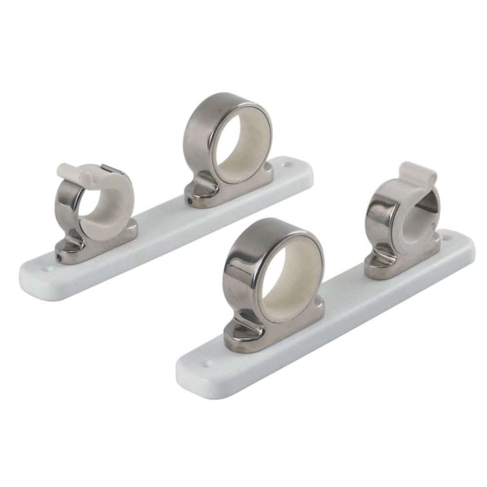 TACO 2-Rod Hanger with polished stainless steel and white poly rack, secure rod-tip spring design, UV-stabilized poly, easy install