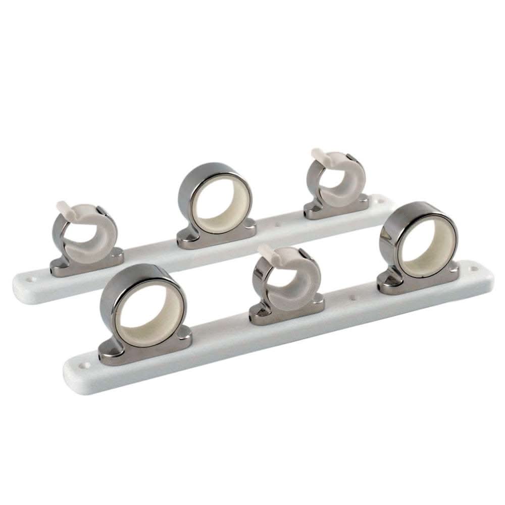 TACO 3-Rod Hanger with polished stainless steel and white poly rack for secure rod storage